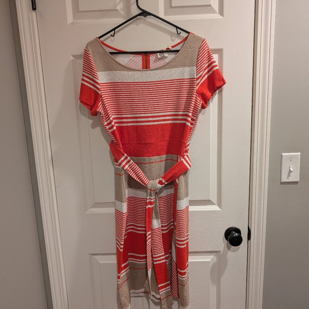 Coral and Tan Multi Stripe Dress with Tie Waist Size L